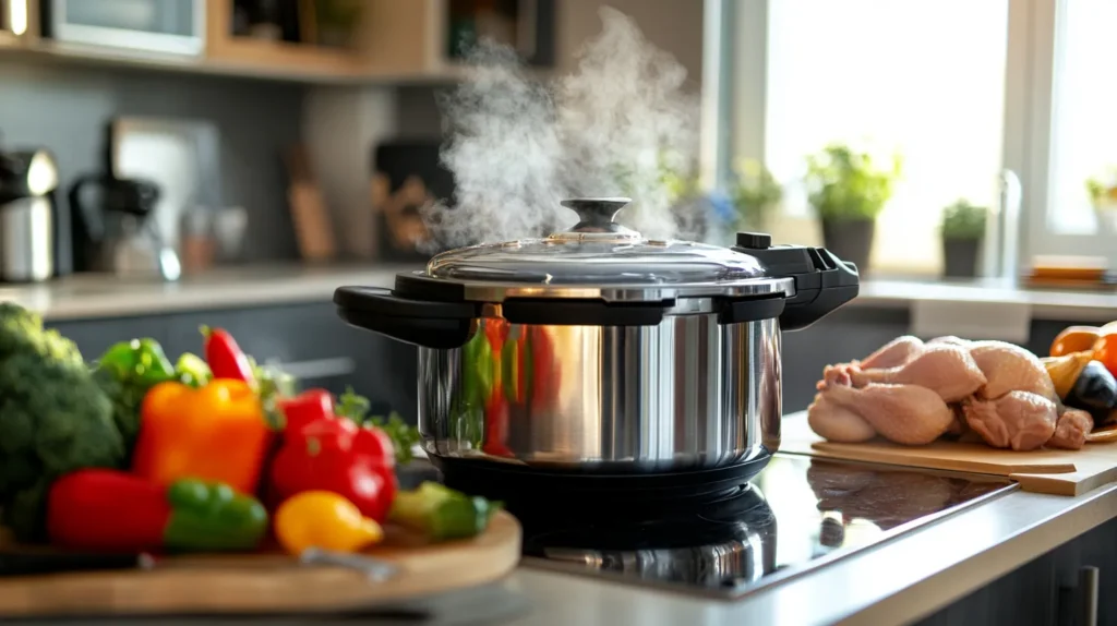 A stainless steel pressure cooker releasing steam with fresh chicken and colorful vegetables on a kitchen counter—showcasing why chicken in a pressure cooker is healthy.