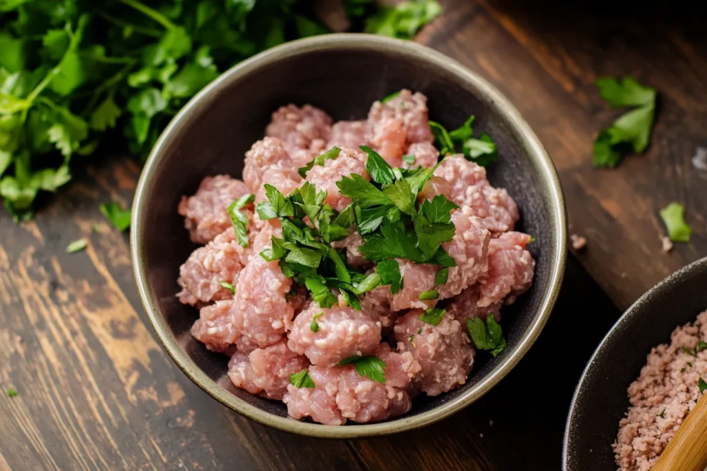 Fresh velvet ground chicken in a black bowl, garnished with chopped parsley, placed on a rustic wooden table.