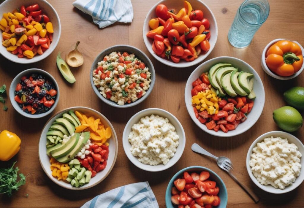 Fresh and colorful cottage cheese lunch bowls with vegetables, quinoa, and fruit on a wooden table.