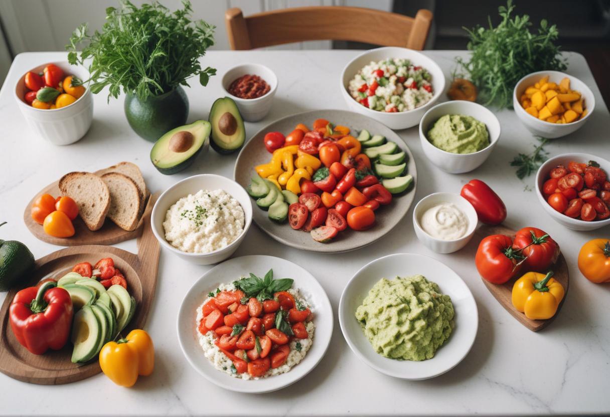 A vibrant lunch spread featuring cottage cheese dishes, fresh vegetables, avocados, bread, and colorful ingredients on a white table.