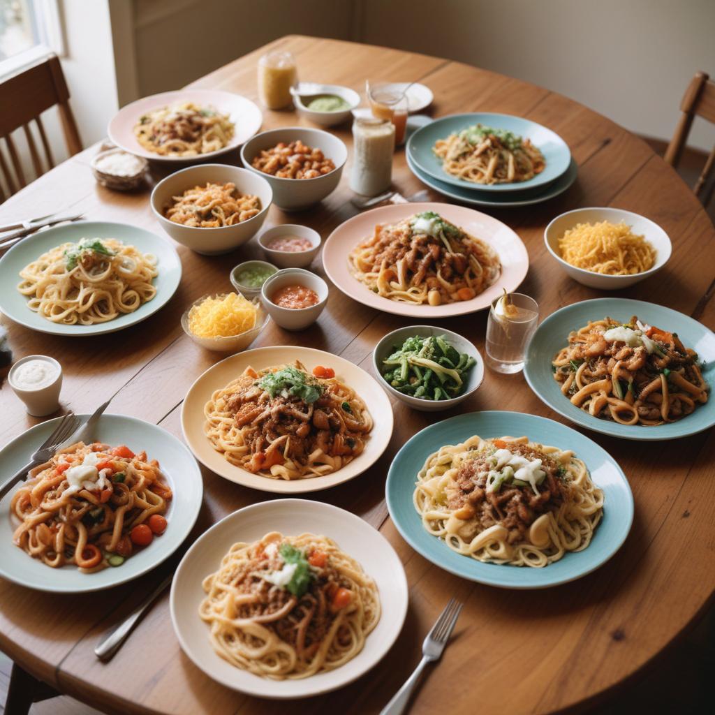 A variety of delicious pasta dishes served on colorful plates with sides, showcasing quick and easy dinner ideas for tonight.