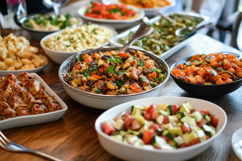 A variety of easy, healthy weeknight dinners for family, featuring colorful vegetable salads, grilled chicken, and roasted vegetables on a wooden table