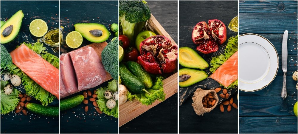 A collage of healthy high-protein ingredients including salmon, avocado, broccoli, almonds, quail eggs, fresh greens, and pomegranate, displayed on a black and blue wooden background.