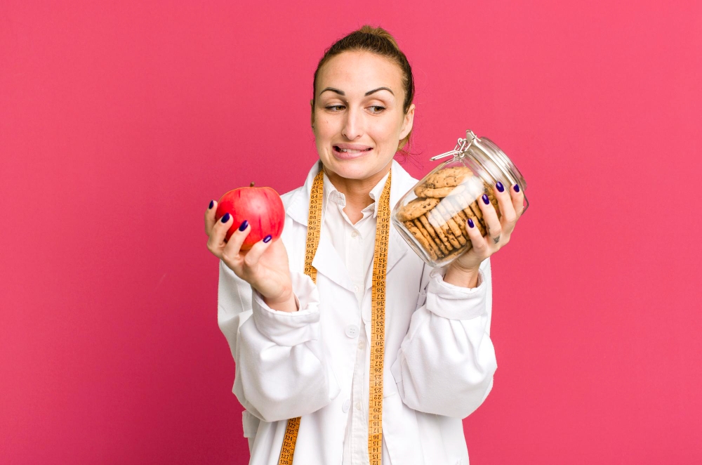 Woman deciding between a healthy apple and a jar of cookies, symbolizing choices in weight loss and nutrition.