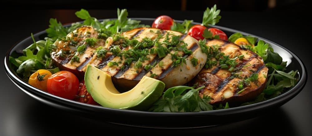 A gourmet high-protein meal featuring grilled eggplant topped with fresh herbs, sliced avocado, cherry tomatoes, and leafy greens on a black plate