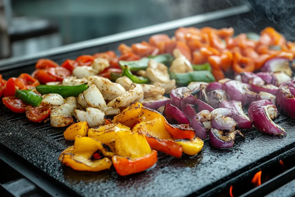 Colorful grilled vegetables on a Blackstone Griddle, including bell peppers, onions, and tomatoes, seasoned and sizzling for a healthy meal.