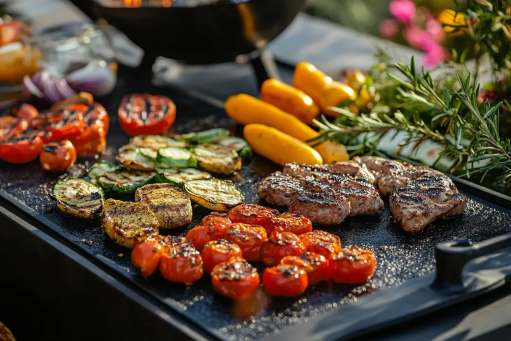 Healthy Blackstone Griddle recipes with grilled vegetables, seasoned chicken, and fresh herbs in an outdoor setting