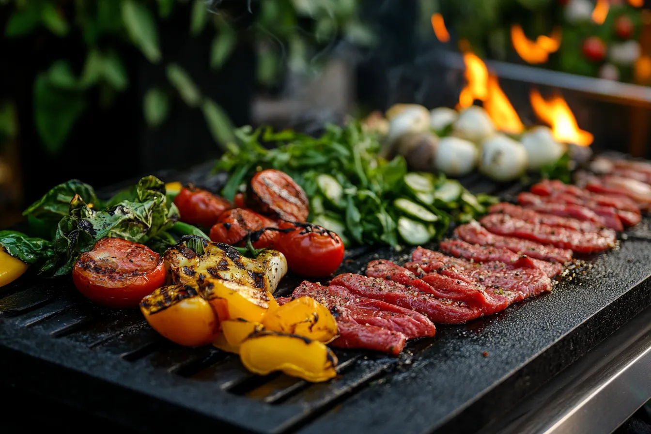 Healthy Blackstone Griddle cooking with fresh steak, grilled vegetables, and vibrant greens over an open flame