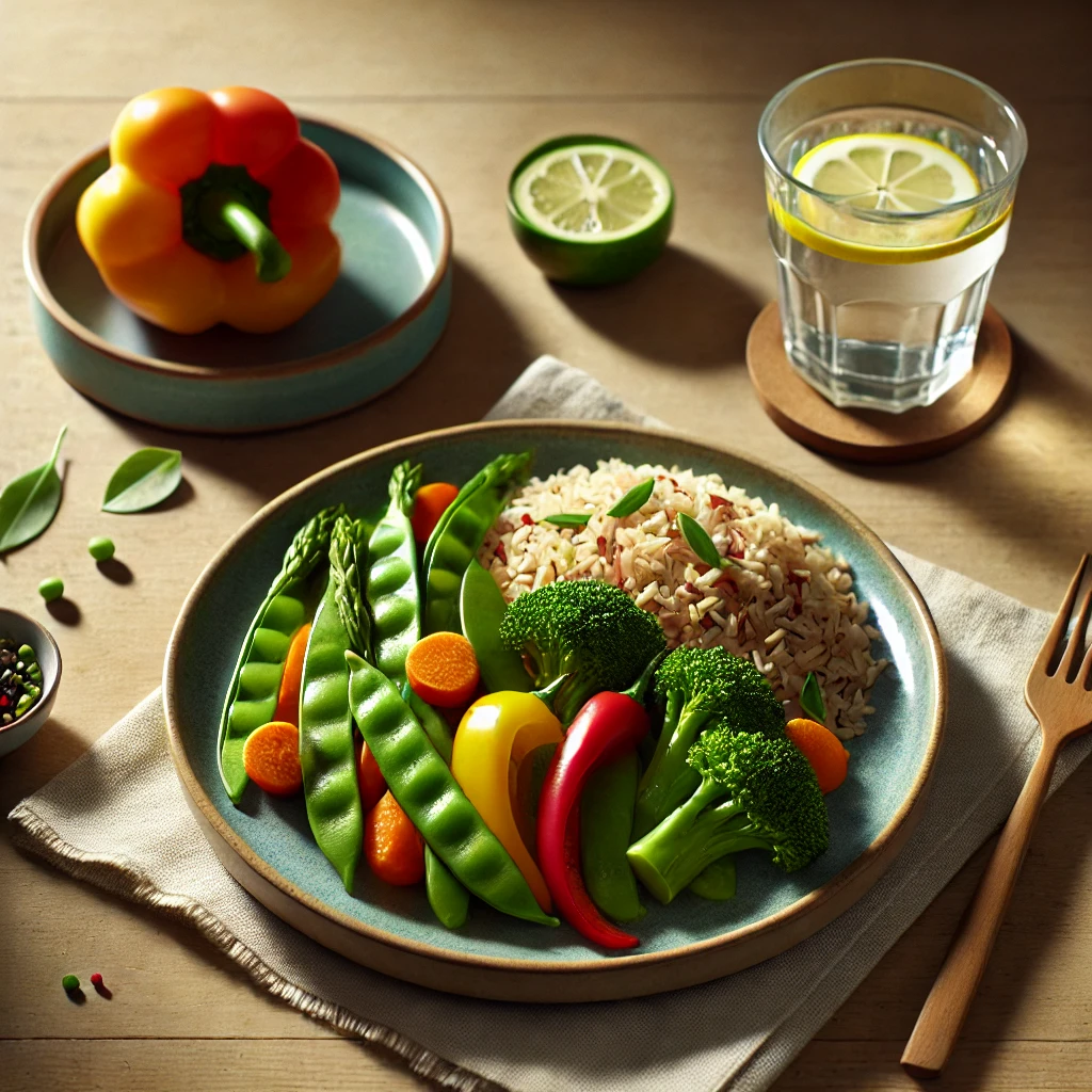 Healthy lunch featuring a colorful stir fry vegetable plate with broccoli, bell peppers, snap peas, and carrots, paired with brown rice and lemon water.