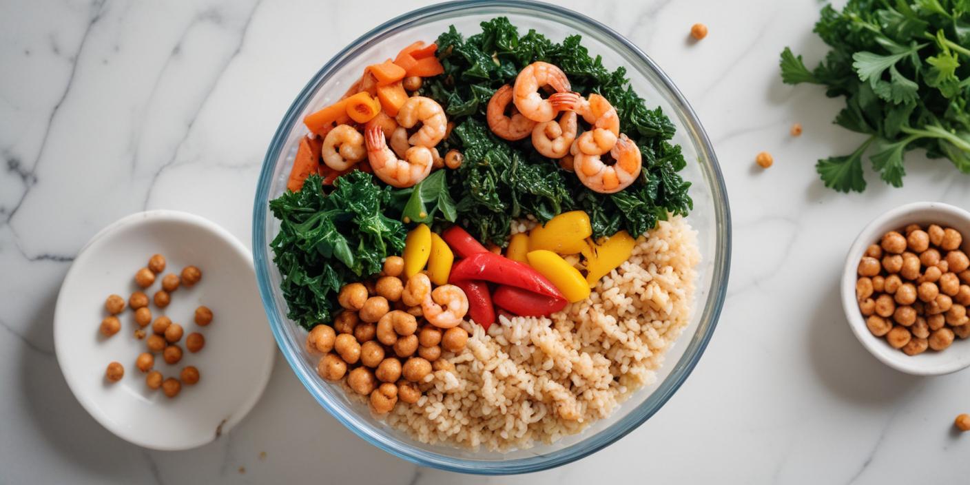 A vibrant protein bowl with shrimp, sautéed kale, bell peppers, chickpeas, and brown rice in a glass bowl on a marble countertop.