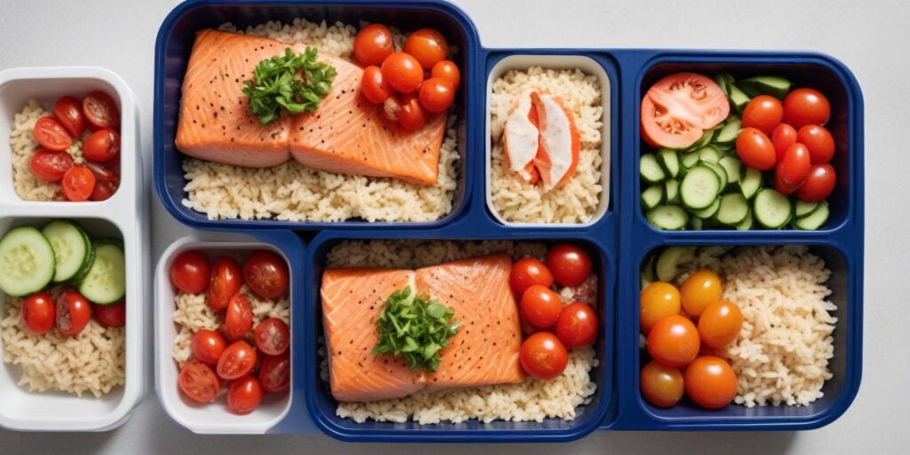 A collection of meal prep containers featuring high-protein lunches with baked salmon, rice, cherry tomatoes, cucumbers, and fresh greens.