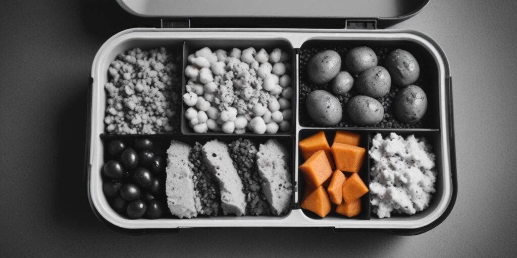 A neatly organized meal prep container featuring high-protein ingredients such as chickpeas, boiled eggs, grilled chicken slices, sweet potato, and cottage cheese.