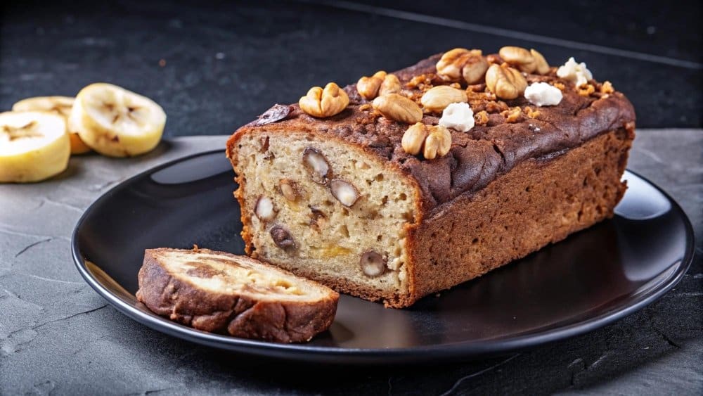 Freshly baked banana bread with nuts on top, sliced to reveal its moist interior, served on a black plate with banana slices in the background.