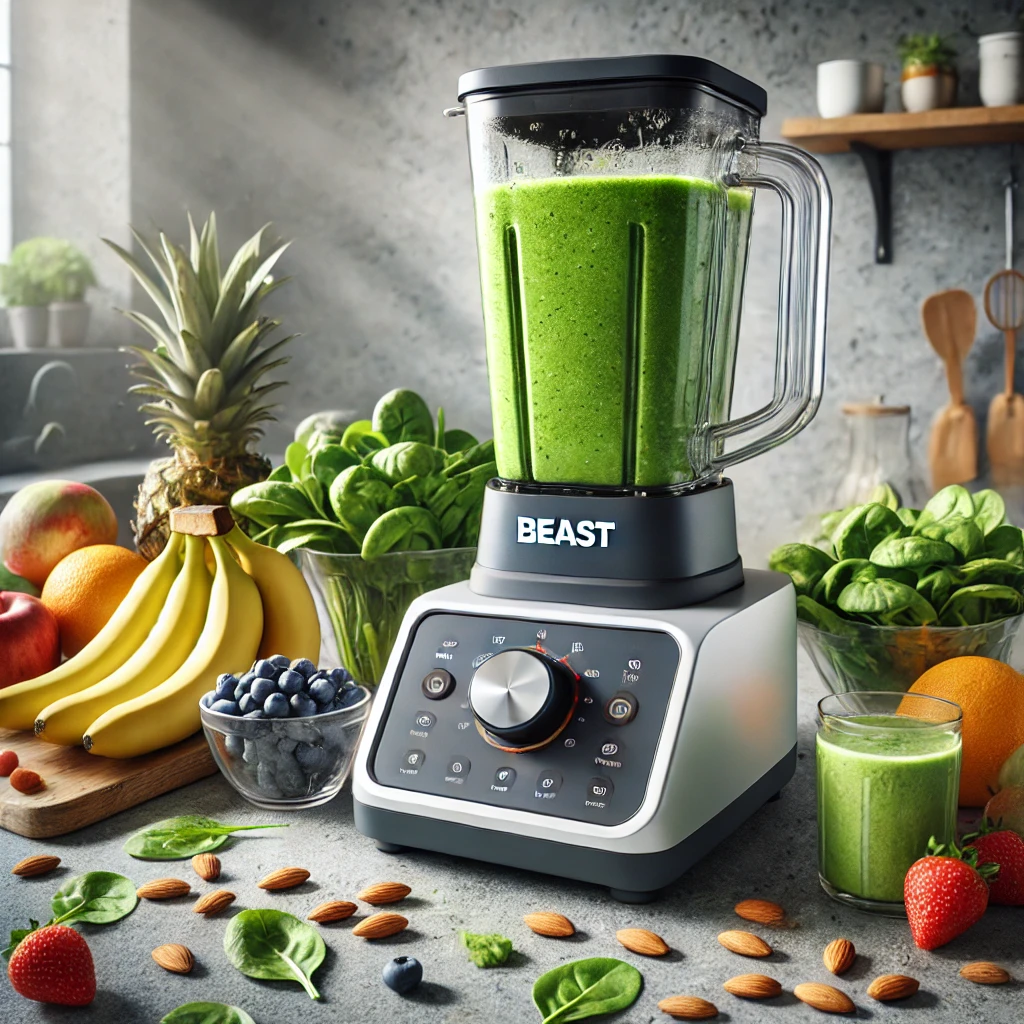 A modern kitchen countertop with a Beast Blender surrounded by fresh fruits, vegetables, and smoothie ingredients, blending a green smoothie with natural light illuminating the scene.