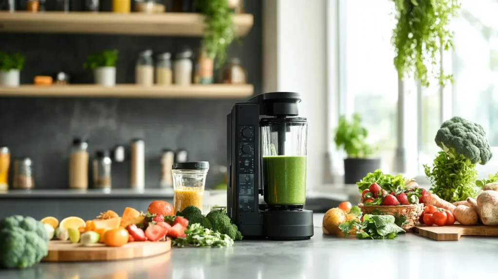 A modern kitchen countertop with a Beast Blender surrounded by fresh fruits, vegetables, and smoothie ingredients, blending a green smoothie with natural light illuminating the scene.