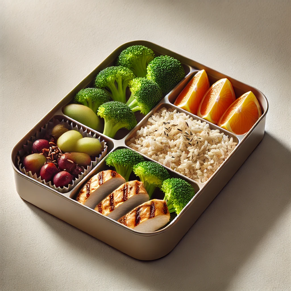 A bento-style lunch box with grilled chicken, brown rice, steamed broccoli, and fresh fruit slices on a neutral background.