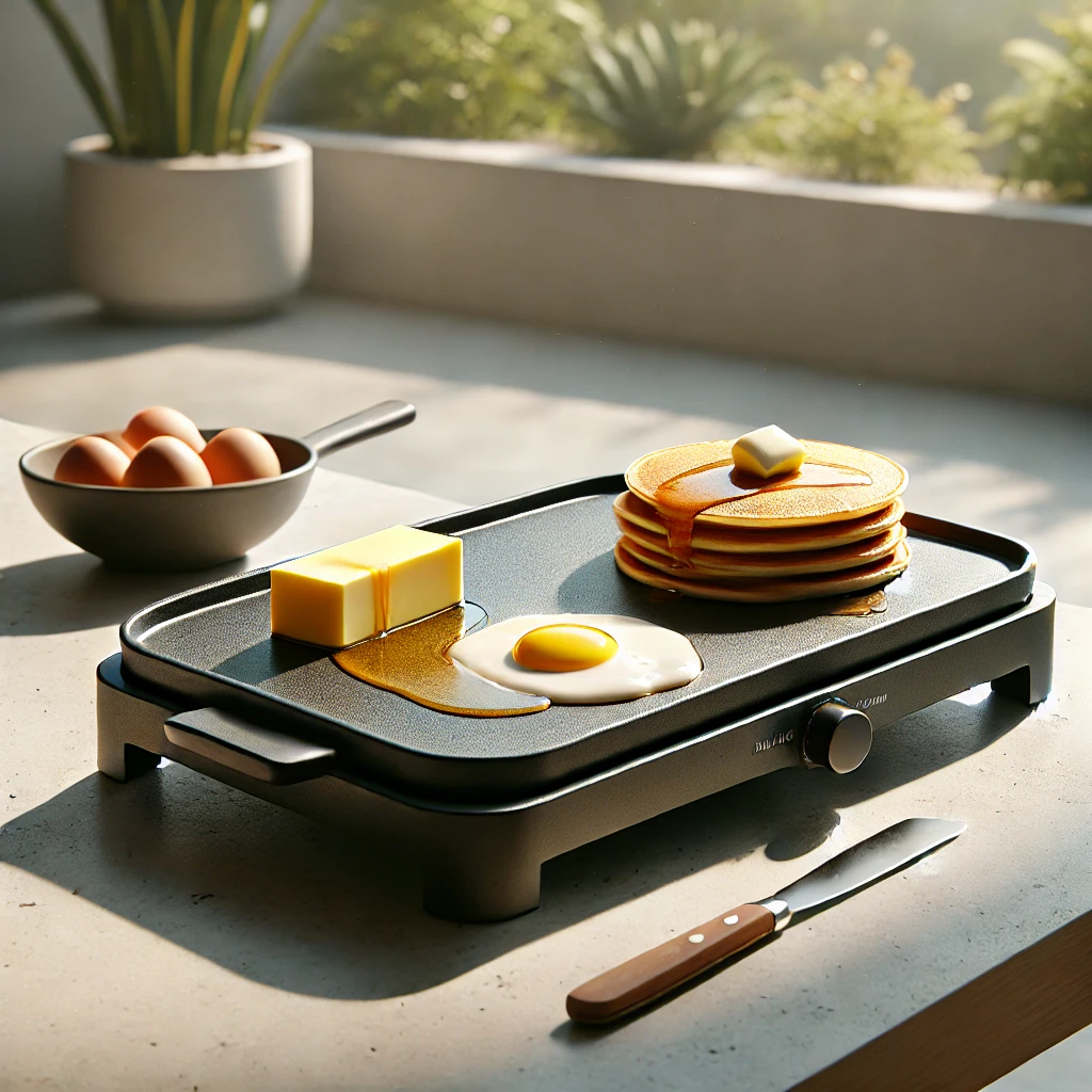 Minimalist realistic scene of a Blackstone griddle outdoors with melting butter, golden pancakes, and eggs under soft sunlight