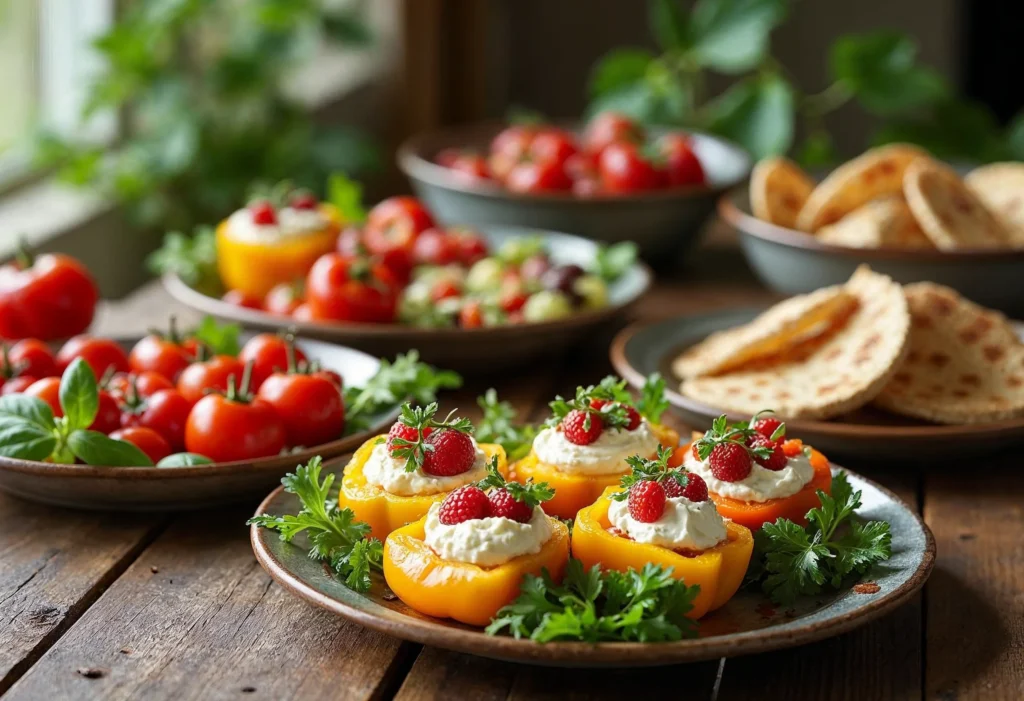 A vibrant lunch table featuring stuffed bell peppers filled with cottage cheese, fresh parsley garnish, and a variety of tomatoes and flatbreads.