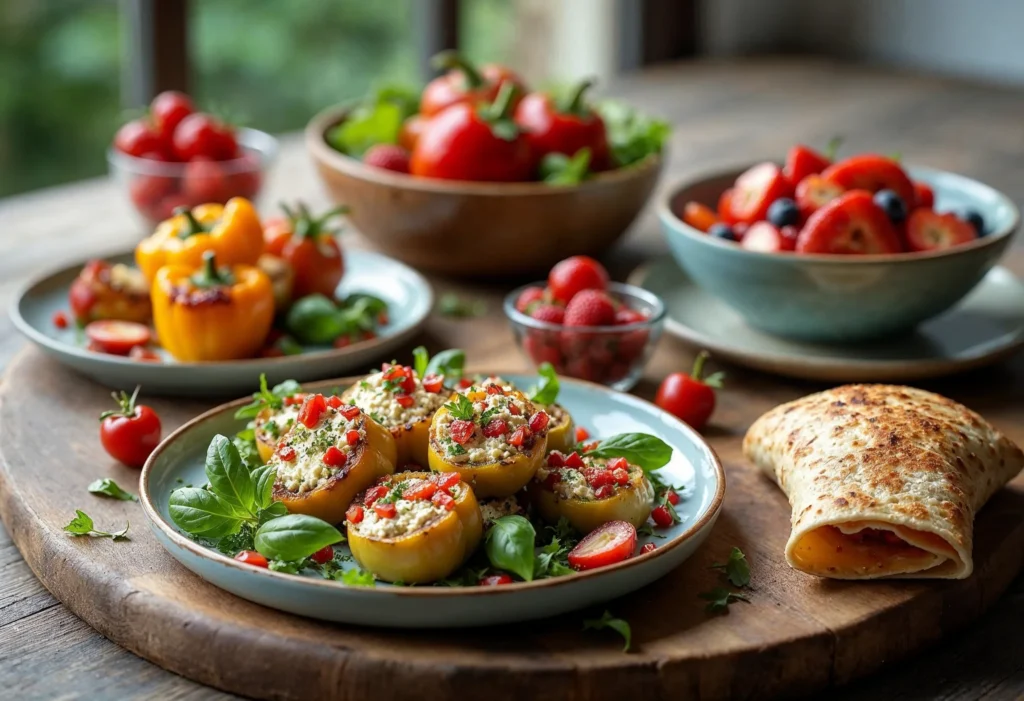 A rustic table featuring cottage cheese stuffed bell peppers, fresh fruit bowls, and a crispy folded wrap with vibrant garnishes.