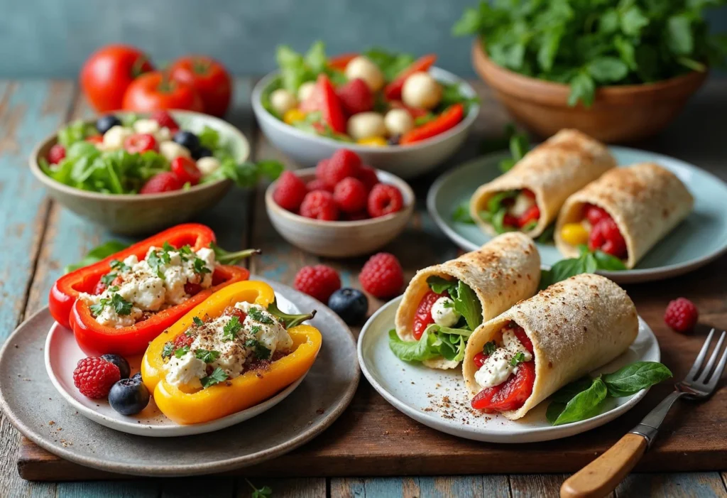 A colorful lunch spread featuring stuffed bell peppers filled with cottage cheese and herbs, paired with wraps, fresh berries, and salads.