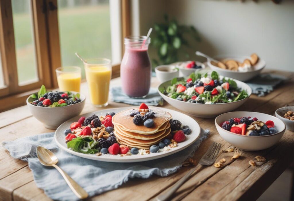  A beautifully arranged table with cottage cheese pancakes, a colorful salad, smoothie bowls, and fruit drinks by a bright window.