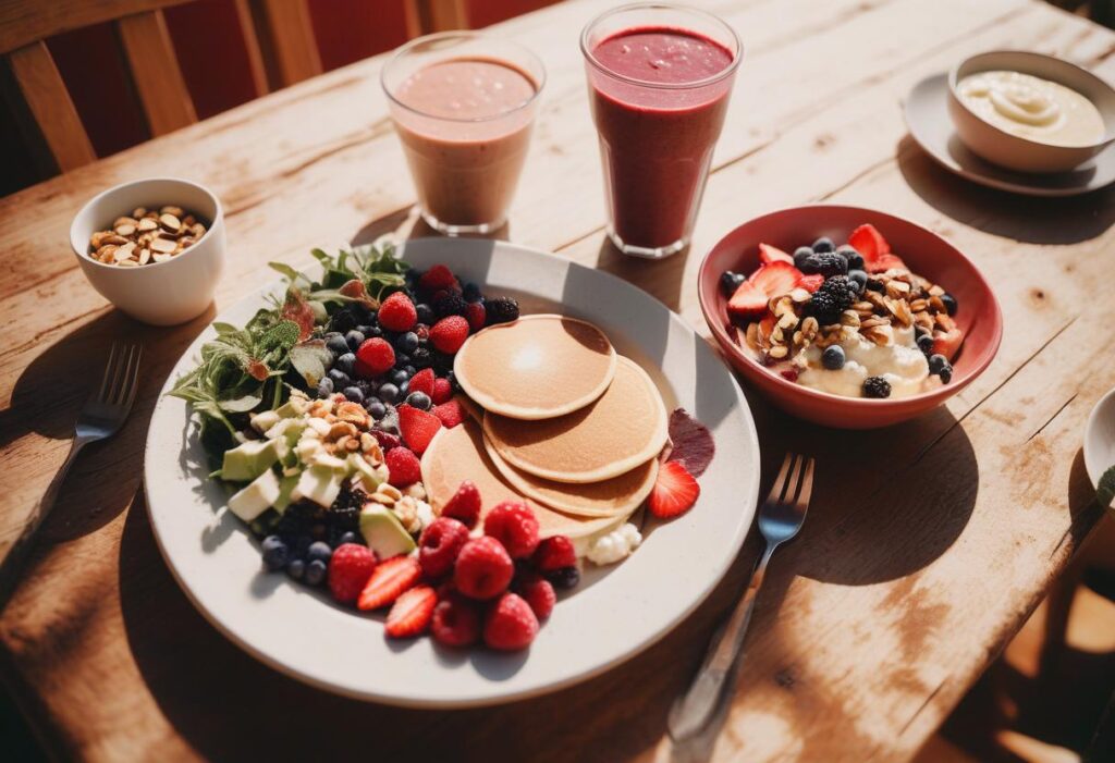 A vibrant breakfast spread featuring cottage cheese pancakes, a smoothie bowl with fresh berries and granola, and fruit smoothies on a rustic wooden table