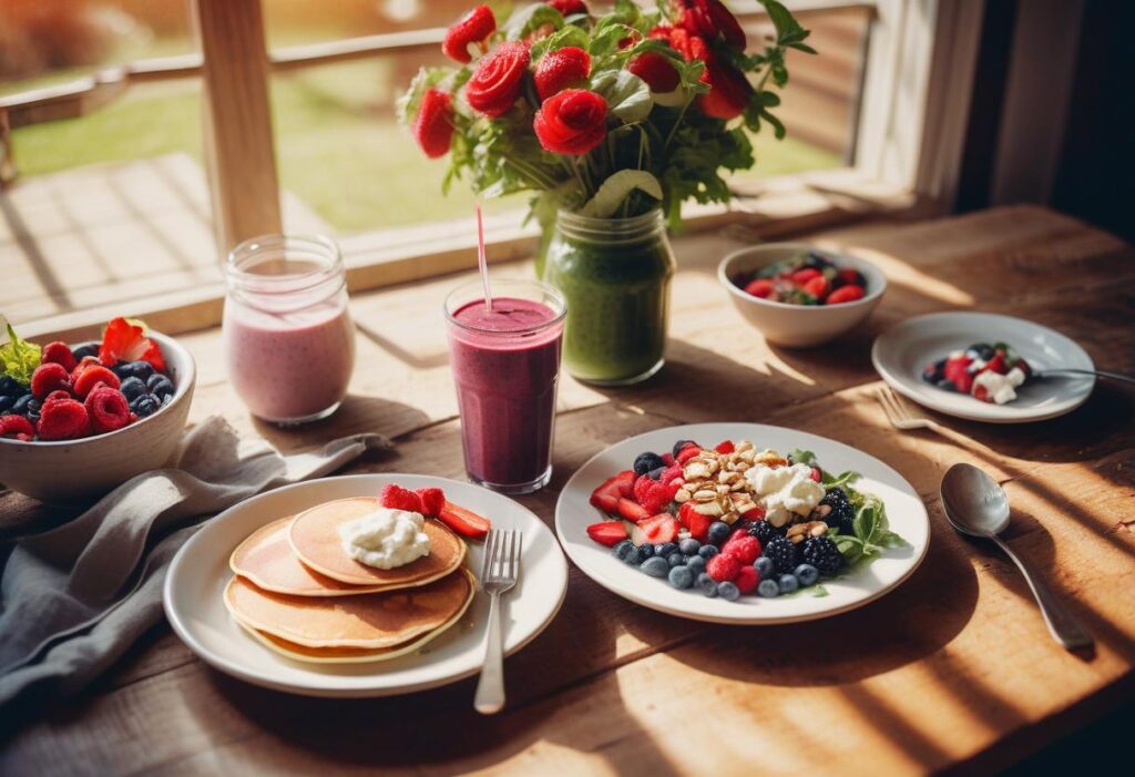 A cozy breakfast table featuring cottage cheese pancakes, fresh berry bowls, green smoothies, and vibrant salads by the window.