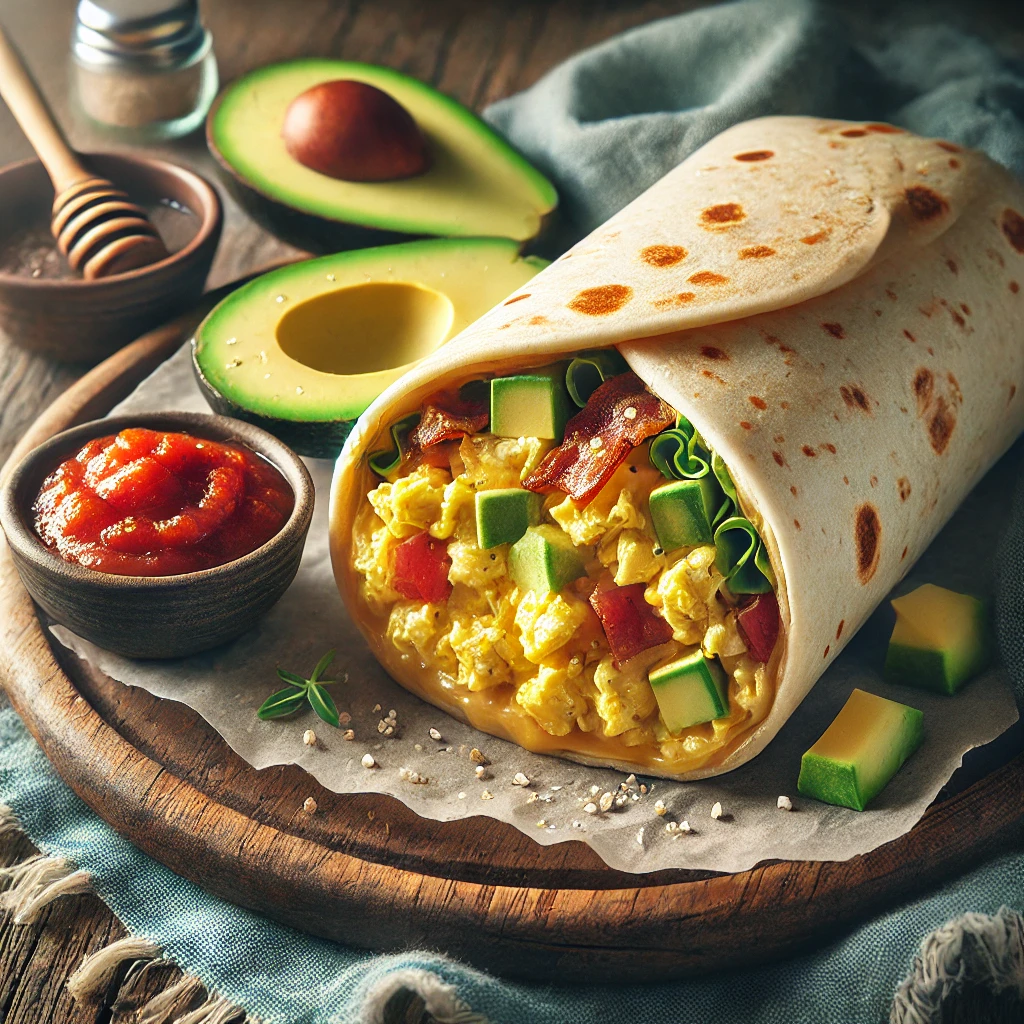 a breakfast burrito filled with scrambled eggs, bacon, cheese, and vegetables, served with salsa and avocado slices.