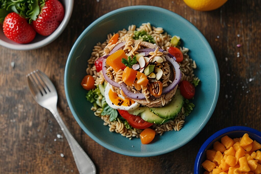 "Gluten-free pasta salad with cherry tomatoes, avocado, boiled egg, and nuts in a blue bowl, surrounded by fresh strawberries and mango cubes."