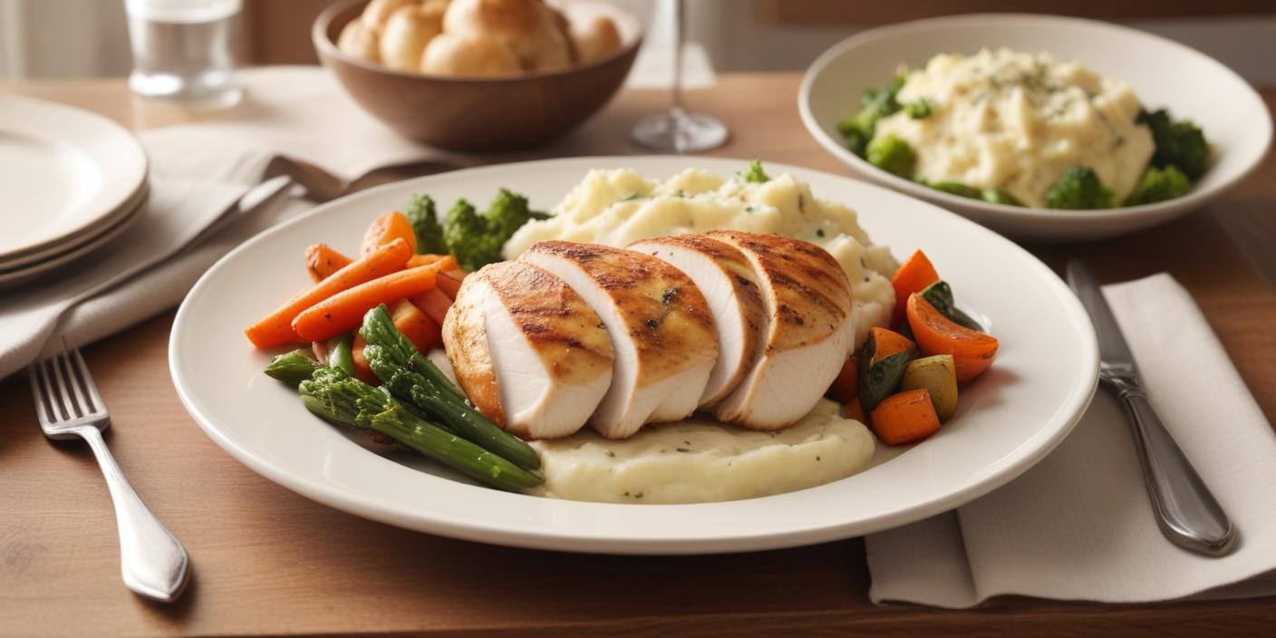 A beautifully plated dinner featuring sliced roasted chicken breast, vibrant carrots, broccoli, and creamy mashed potatoes on a white plate.