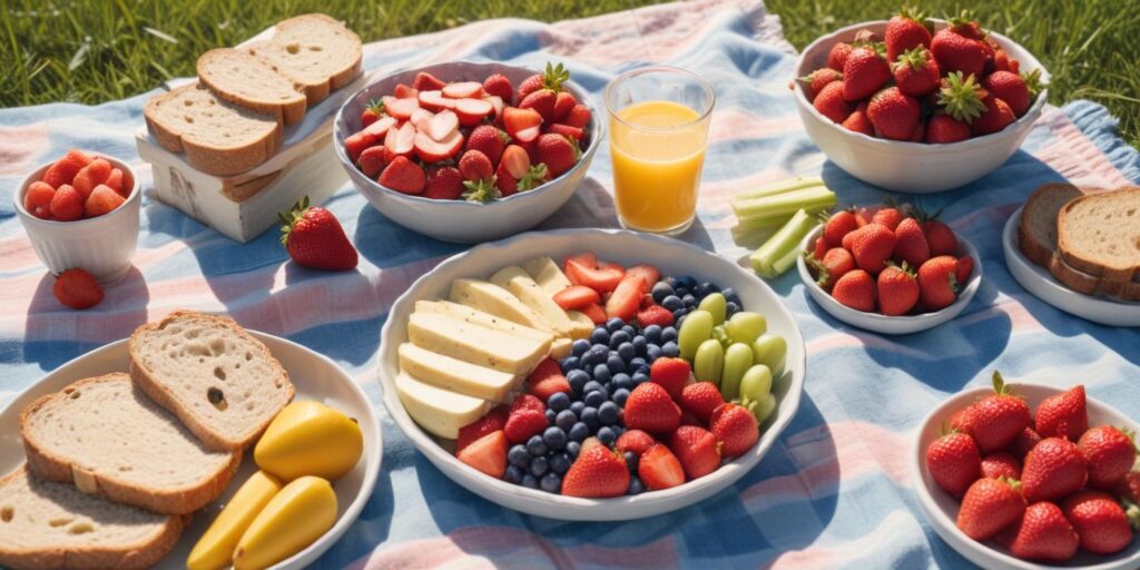 "Gluten-free lunch spread with fresh fruits, gluten-free bread, cheese slices, and juice on a picnic blanket outdoors."