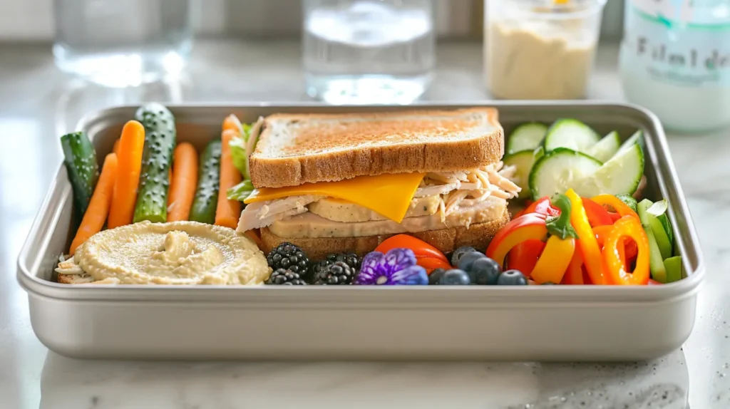 Healthiest Lunch for School | Best Kid-Friendly Ideas 4 A healthy school lunch in a bento box featuring a whole wheat turkey and cheese sandwich, fresh vegetable sticks, hummus, berries, and cucumber slices. The healthiest lunch for school.