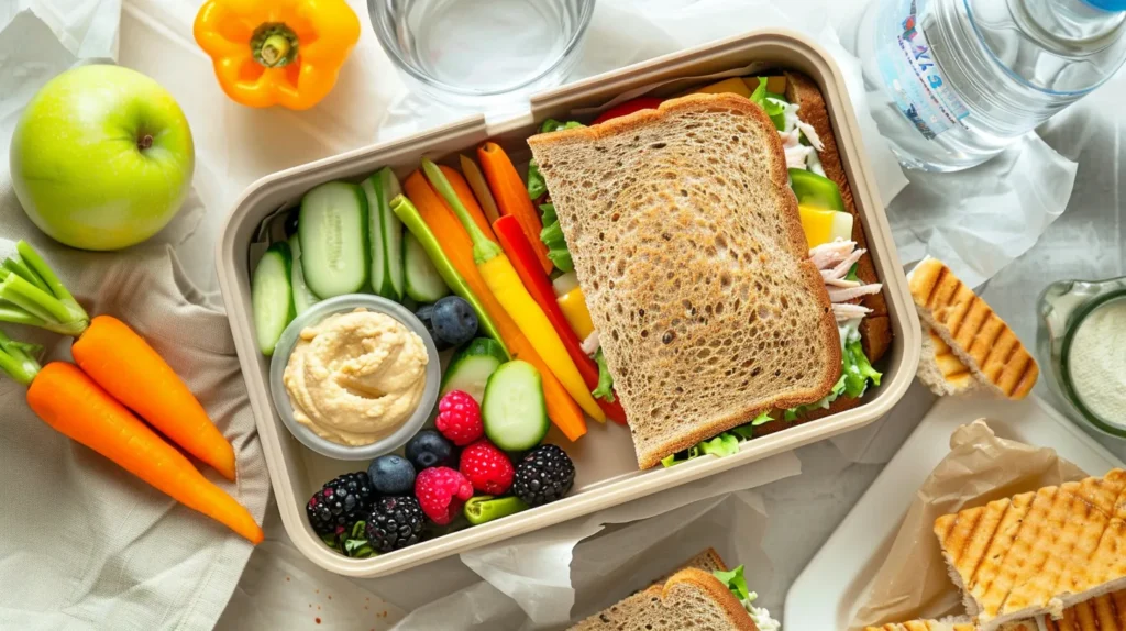 A healthy school lunch with a whole wheat turkey sandwich, fresh vegetable sticks, hummus, mixed berries, and a bottle of water. The healthiest lunch for school.