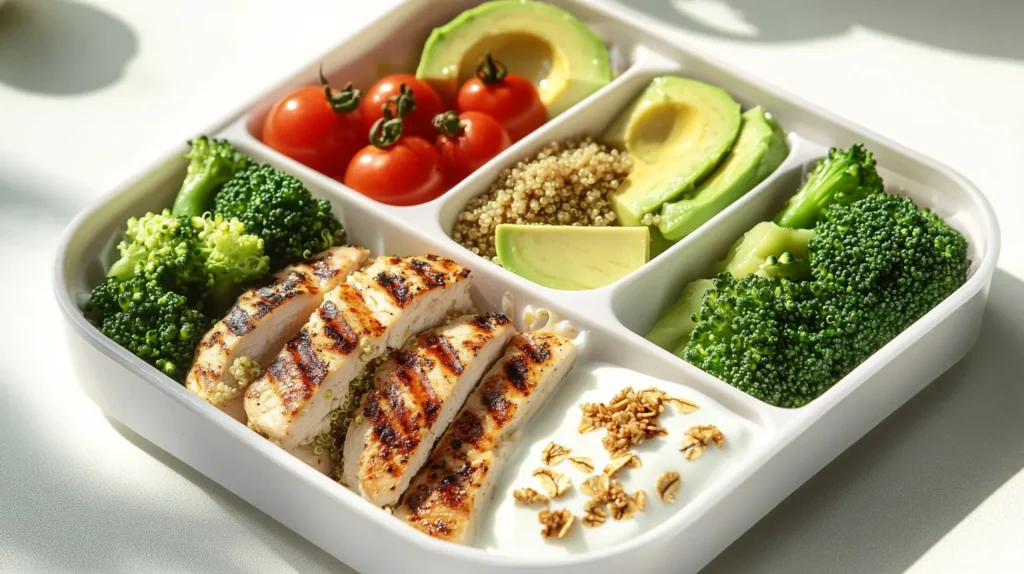 Healthiest Lunch for School | Best Kid-Friendly Ideas 2 A bento-style school lunch with grilled chicken, quinoa, fresh broccoli, cherry tomatoes, avocado slices, and Greek yogurt with granola. The healthiest lunch for school.