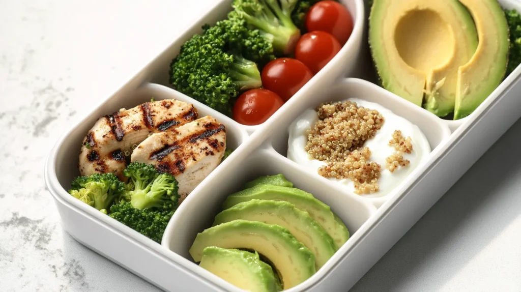 Healthiest Lunch for School | Best Kid-Friendly Ideas 3 A bento-style school lunch with grilled chicken, quinoa, fresh broccoli, cherry tomatoes, avocado slices, and Greek yogurt. The healthiest lunch for school.