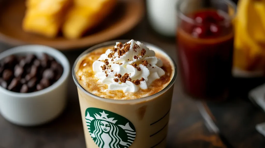 A creamy Starbucks iced coffee topped with whipped cream and a dusting of cocoa, accompanied by coffee beans, fresh juice, and breakfast pastries in the background.