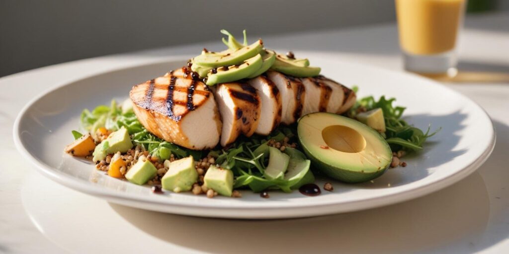 A high-protein lunch plate featuring grilled chicken, quinoa, arugula, avocado slices, and balsamic glaze, served on a white plate.