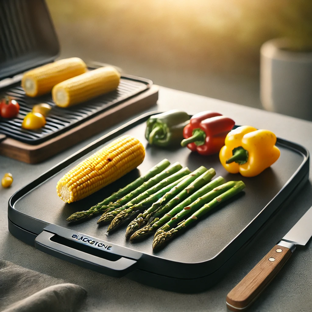 Close-up view of grilled asparagus, corn on the cob, and colorful bell peppers on a clean Blackstone griddle with light charring, set in a softly blurred outdoor background.