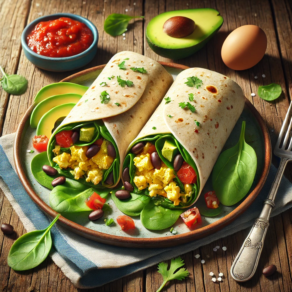 Healthy breakfast burrito with scrambled eggs, spinach, tomatoes, black beans, avocado, wrapped in a whole grain tortilla, served with salsa and cilantro.