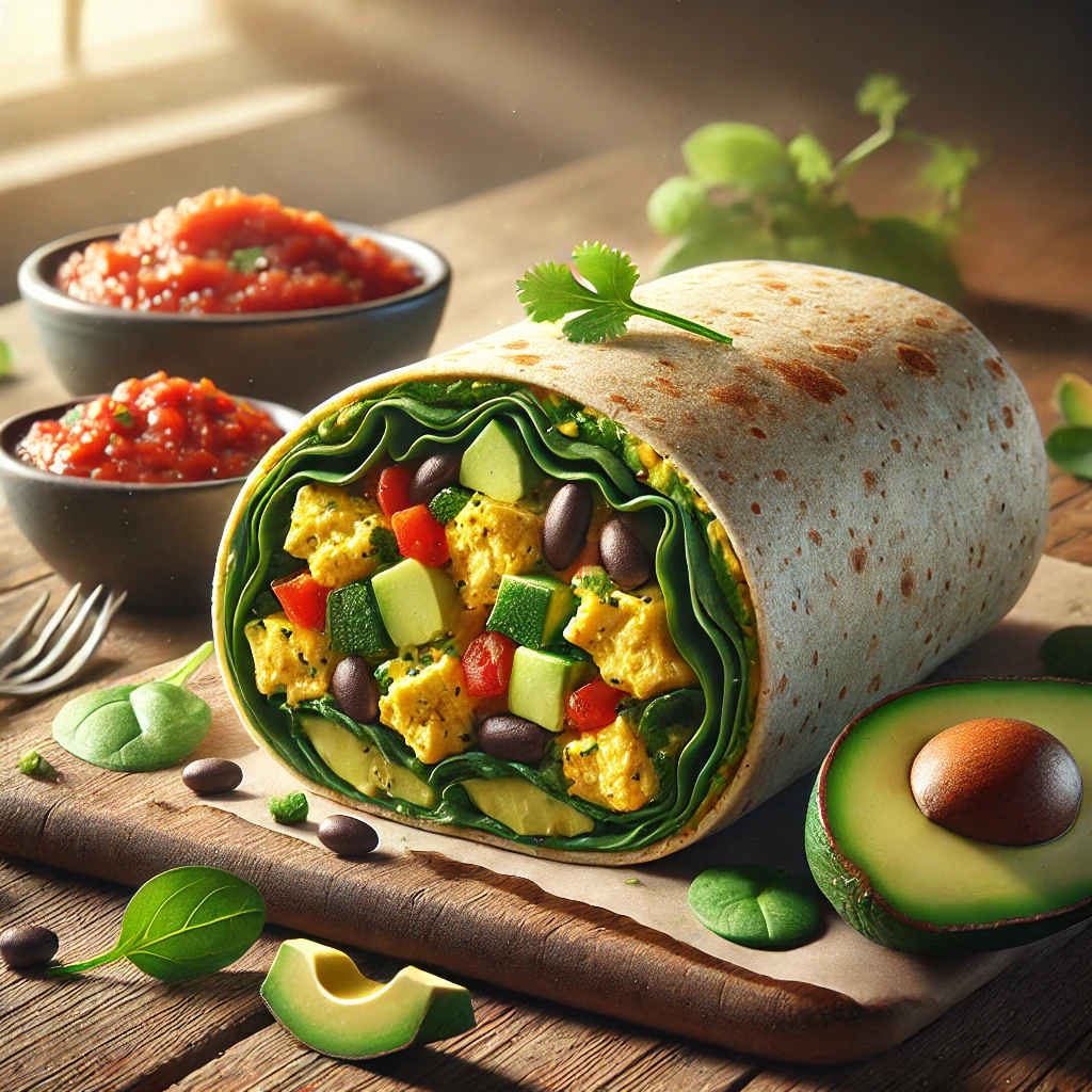 A healthy breakfast burrito with colorful fillings, including scrambled eggs, spinach, black beans, bell peppers, avocado, and a whole grain tortilla, on a wooden table with salsa and cilantro garnish.