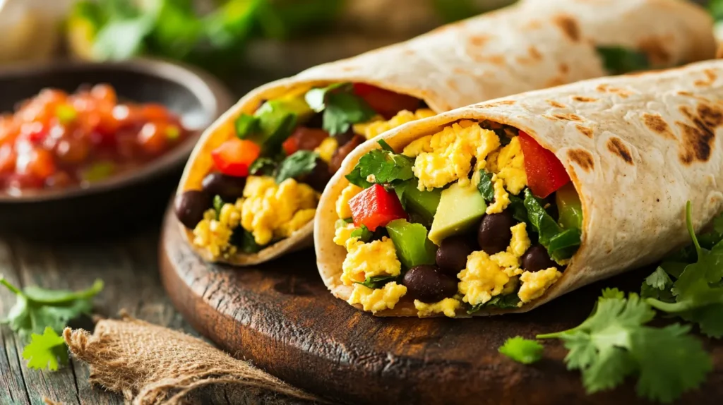 A healthy breakfast burrito filled with scrambled eggs, spinach, black beans, bell peppers, and avocado, wrapped in a whole grain tortilla, served on a rustic wooden table with fresh salsa and cilantro garnish.