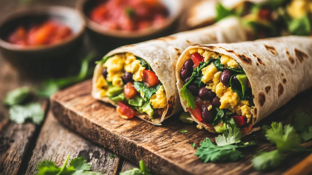 A healthy breakfast burrito filled with scrambled eggs, spinach, black beans, bell peppers, and avocado, wrapped in a whole grain tortilla, served on a rustic wooden table with fresh salsa and cilantro garnish.