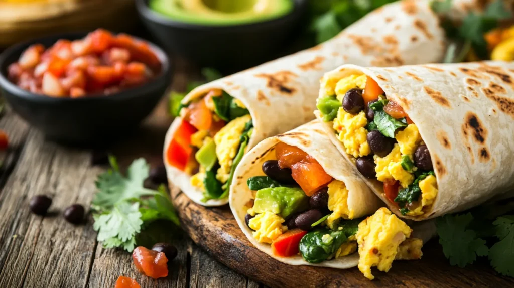 A healthy breakfast burrito filled with scrambled eggs, spinach, black beans, bell peppers, and avocado, wrapped in a whole grain tortilla, served on a rustic wooden table with fresh salsa and cilantro garnish.