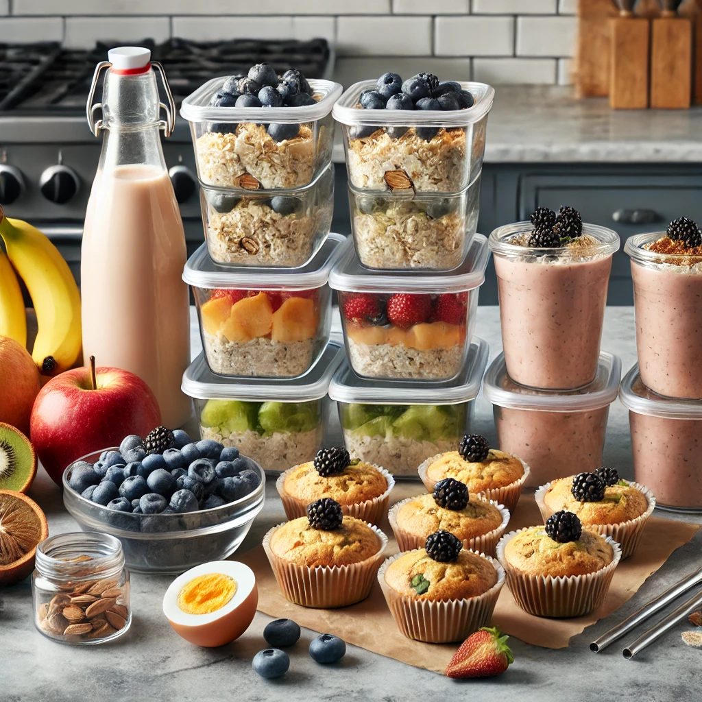 Healthy breakfast meal prep featuring overnight oats, smoothie packs, and egg muffins in glass containers with fresh fruits and almond milk.