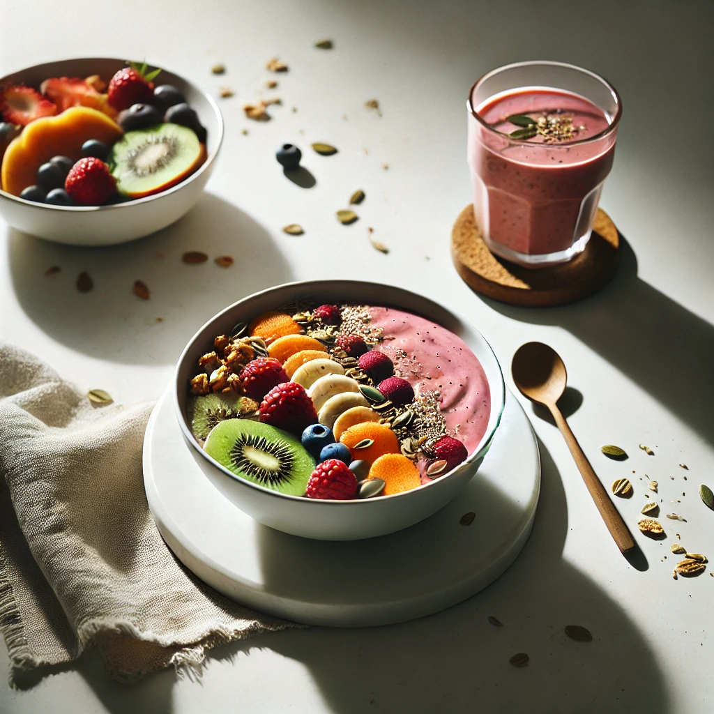 healthy breakfast smoothie bowl with fresh fruit, granola, and seeds on a clean white table.