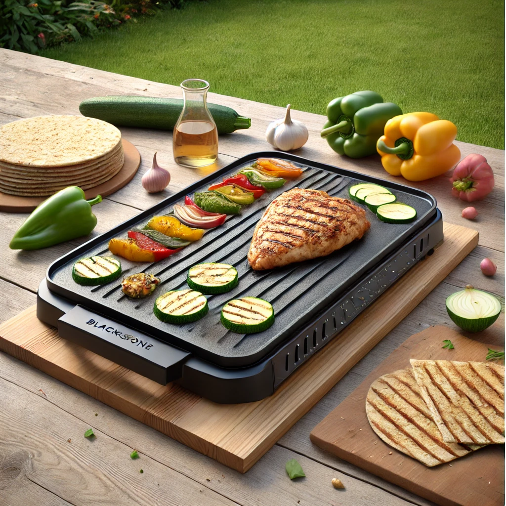 A Blackstone griddle outdoors cooking healthy food like grilled chicken, colorful vegetables, and whole-grain flatbreads.