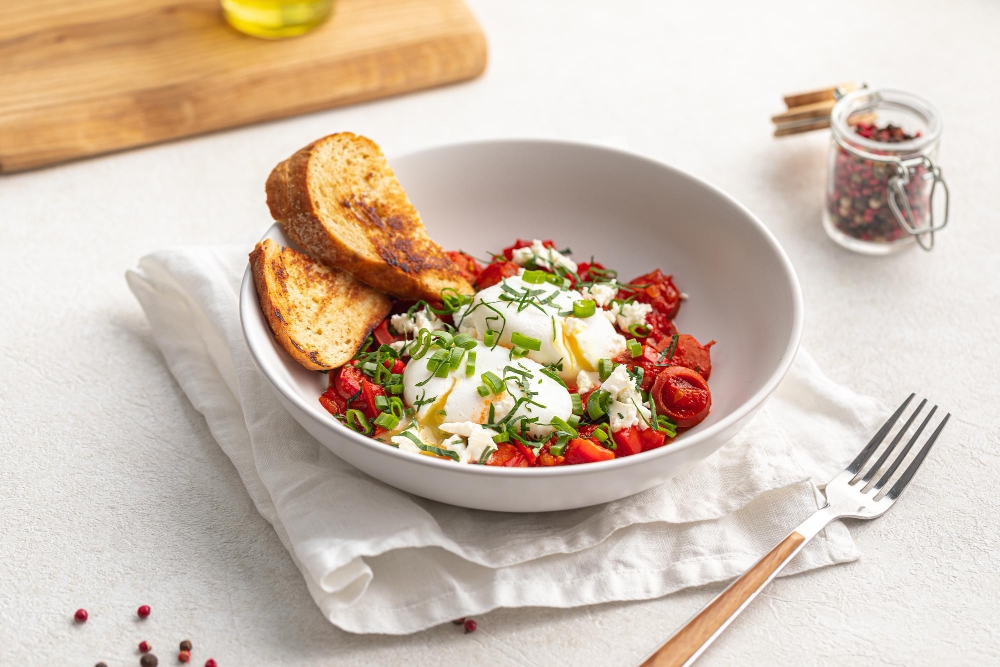 "Healthy lunch bowl featuring cottage cheese, roasted tomatoes, fresh herbs, and toasted bread served in a white dish."