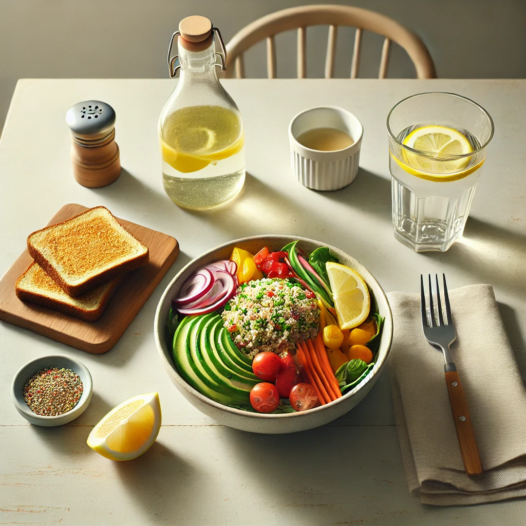 Healthy lunch featuring quinoa salad, avocado toast, and lemon water on a wooden table with natural lighting.