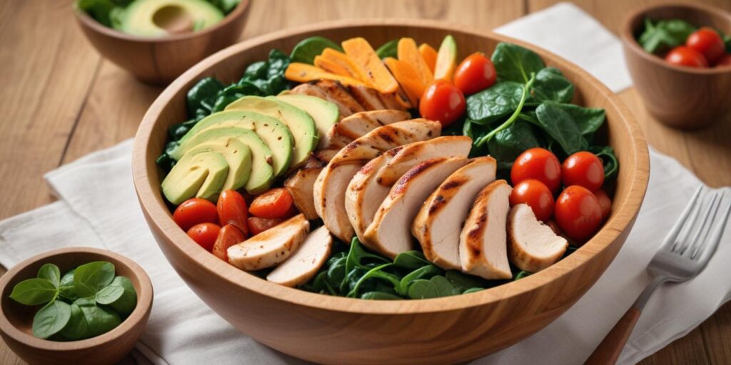 A healthy protein bowl with grilled chicken slices, fresh spinach, avocado, cherry tomatoes, and carrots served in a wooden bowl on a rustic wooden table.