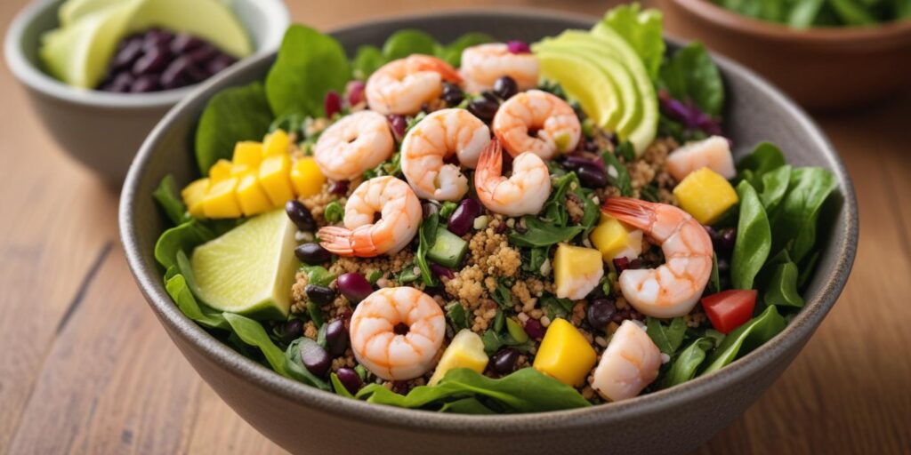 "Healthy quinoa salad bowl with shrimp, mango, black beans, spinach, avocado, and lime on a wooden table."